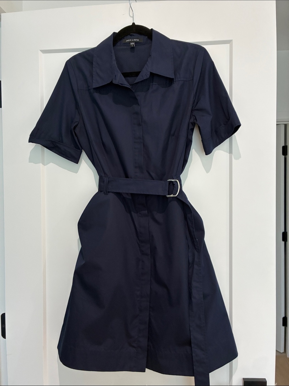 Judith and Charles Navy Short-Sleeve Belted Shirt Dress